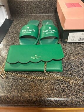 kate spade Green Scallop Chain Wallet with Matching Slide Sandals
